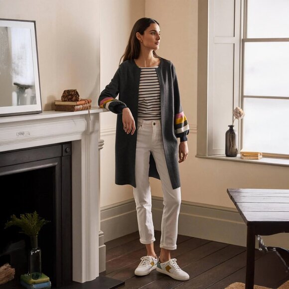 Boden Berkshire Coatigan in Charcoal Melange Long Cardigan Gray Stripes size 2 - Picture 1 of 8